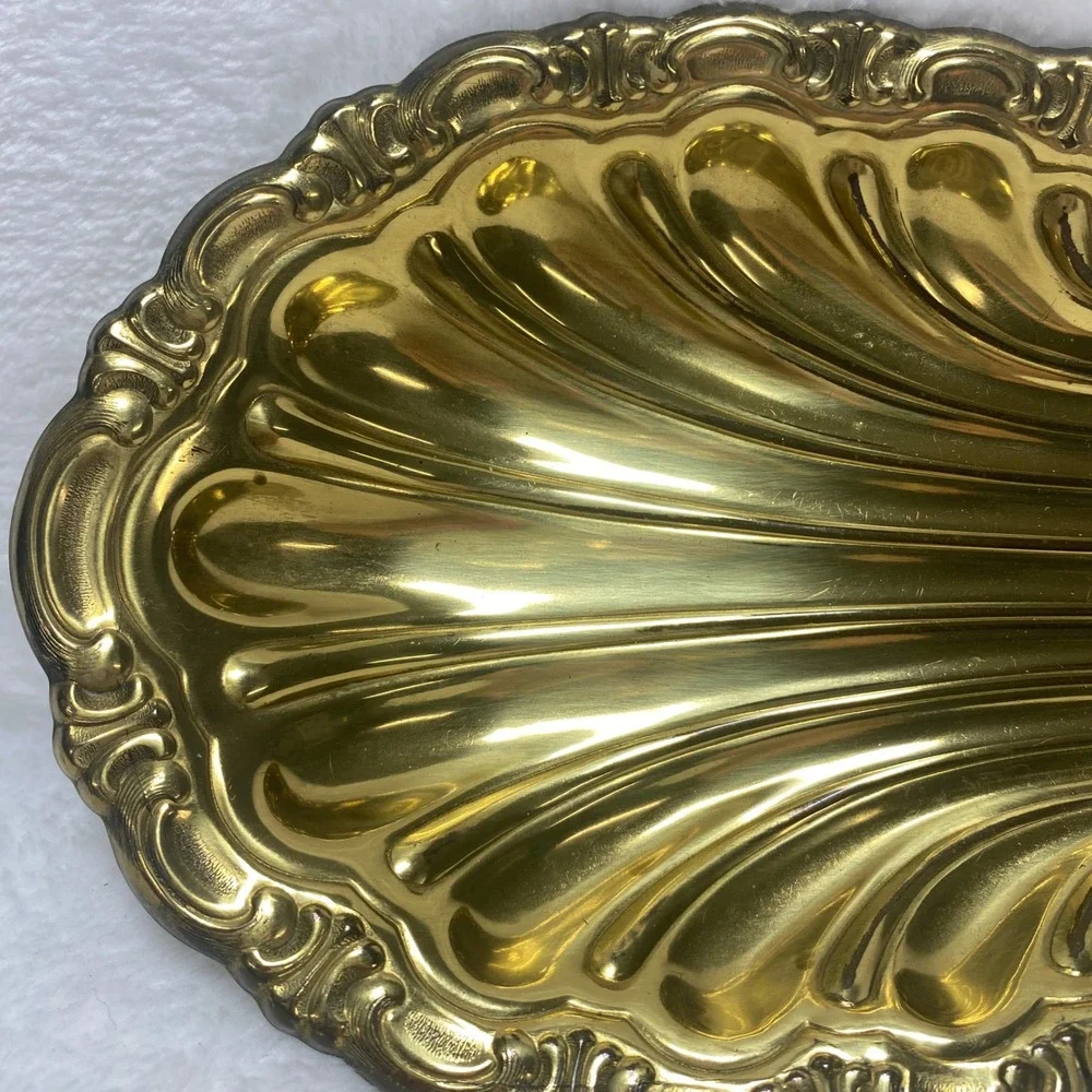 Vintage‎ Gold Tone Ornate Metal Trinket Dish Jewelry Serving Tray Vanity Decor